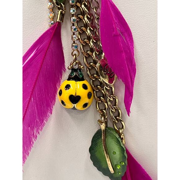 Betsey‎ Johnson HAWAIIAN LUAU Ladybug Leaf & Pink Feather Y Necklace - Picture 6 of 9